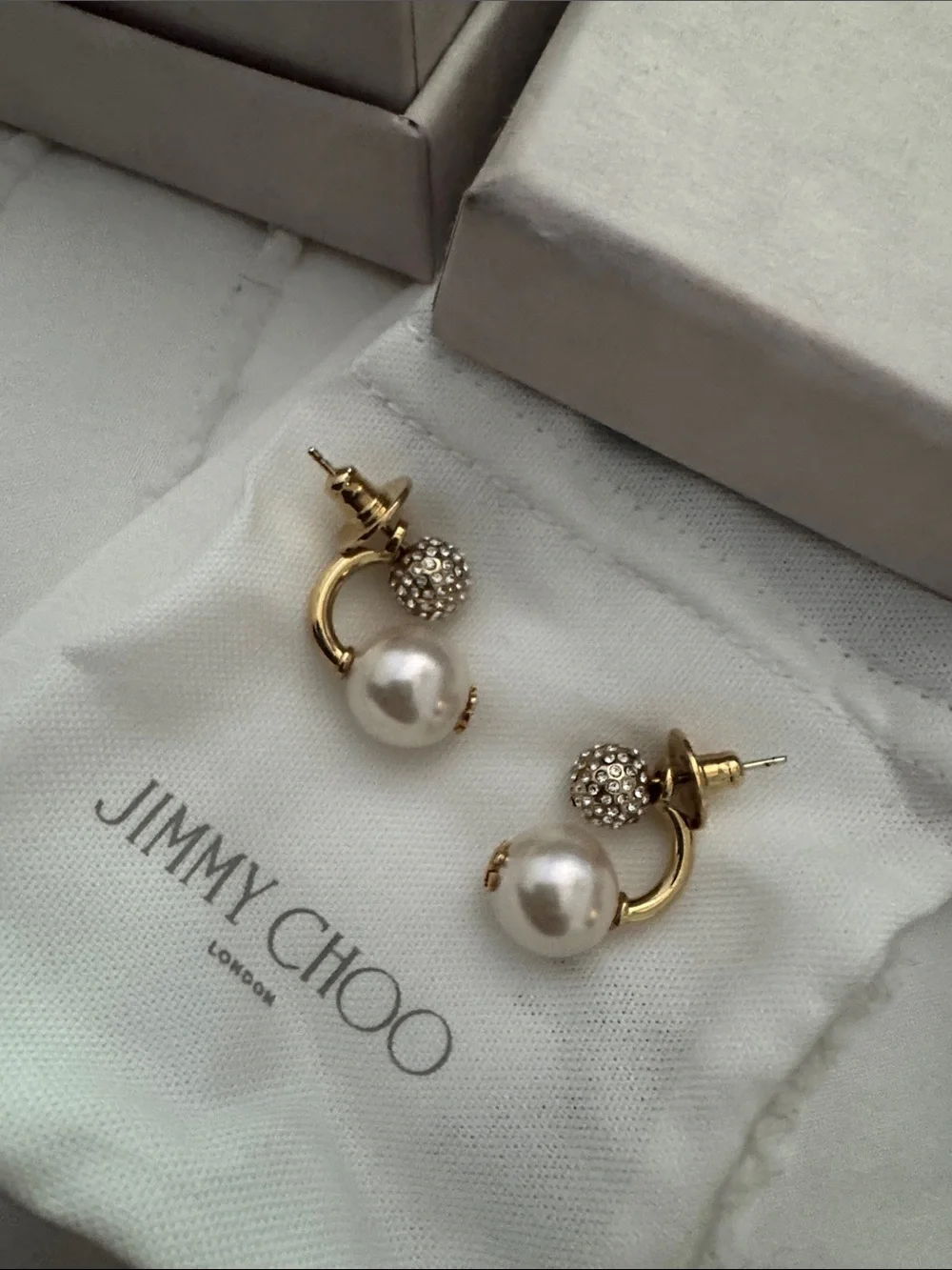 Jimmy Choo Gold finish Auri Earrings with White Pearls and Crystal Studs - Picture 4 of 5